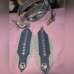 Denim and Crystal  Bracelt And Earrings Set Hand Crafted